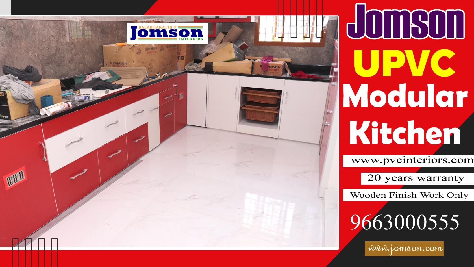 red and white pvc modular kitchen
